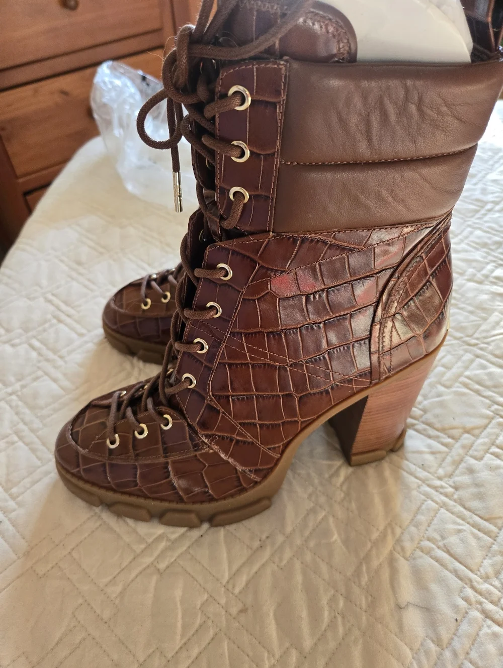 Michael Kors Brown Croc-Embossed Lace-Up Block Heel Boots - Picture 3 of 4